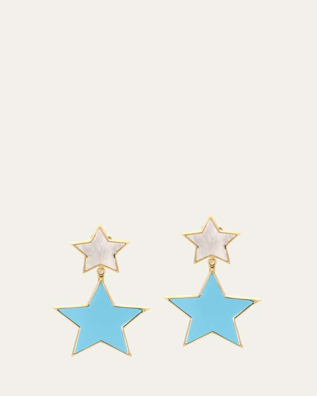 18K Yellow Gold MOP and Turquoise Star Drop Earrings